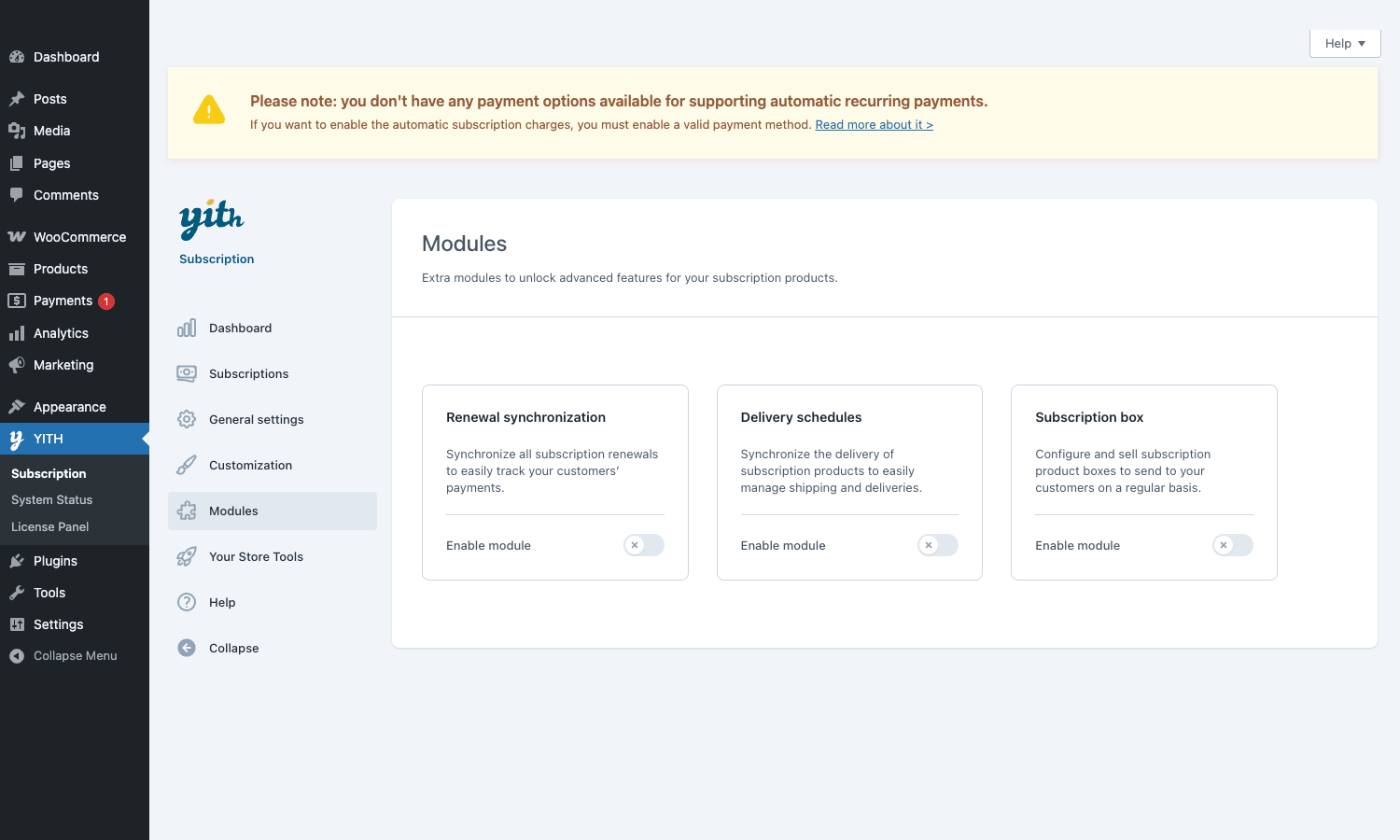 YITH Subscription modules YITH Subscription modules tab showing renewal sync, delivery schedule and subscription box modules