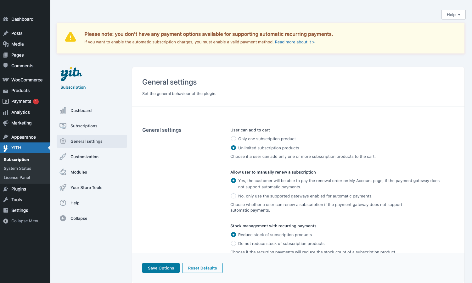 YITH Subscription general settings YITH Subscription general settings panel with cart, renewal and stock toggles
