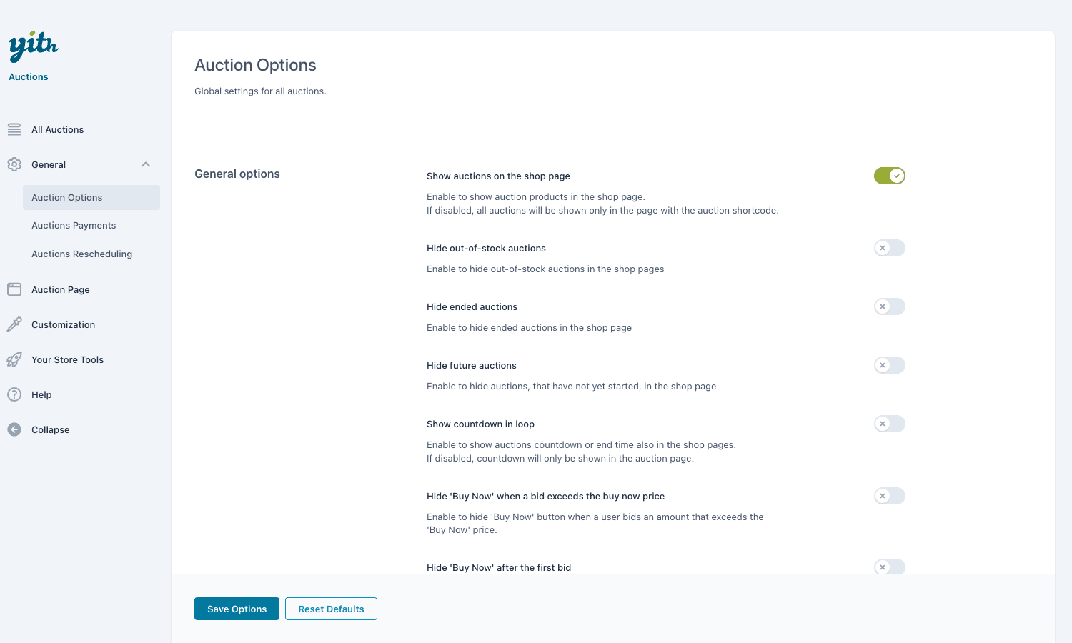 YITH WooCommerce Auctions general options
