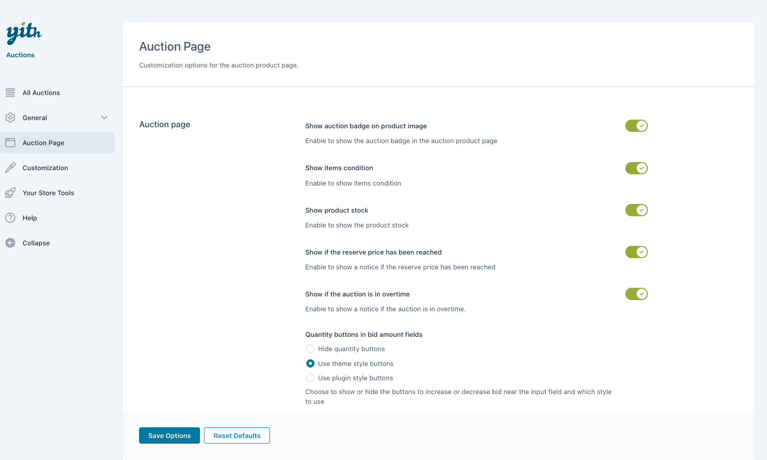 Auction page display settings