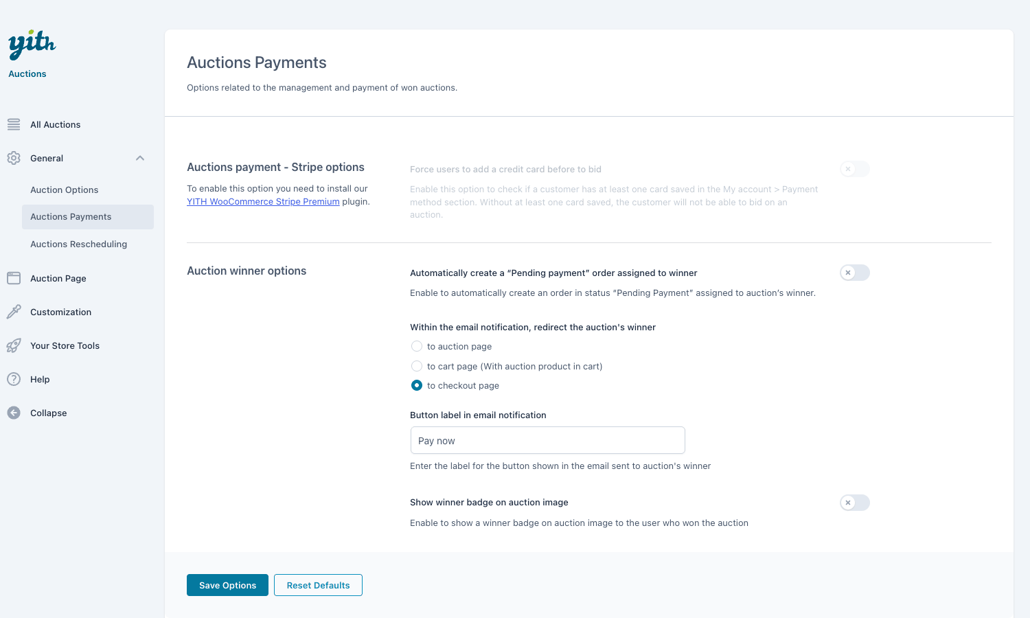 Auction winner and payment settings