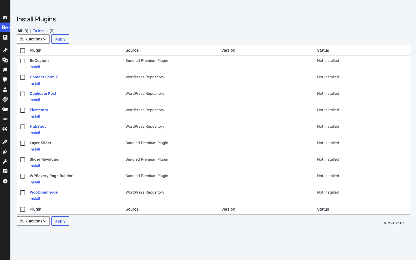 BeTheme bundles premium sliders and supports the major page builders The BeTheme Install Plugins screen listing bundled premium plugins and recommended free ones