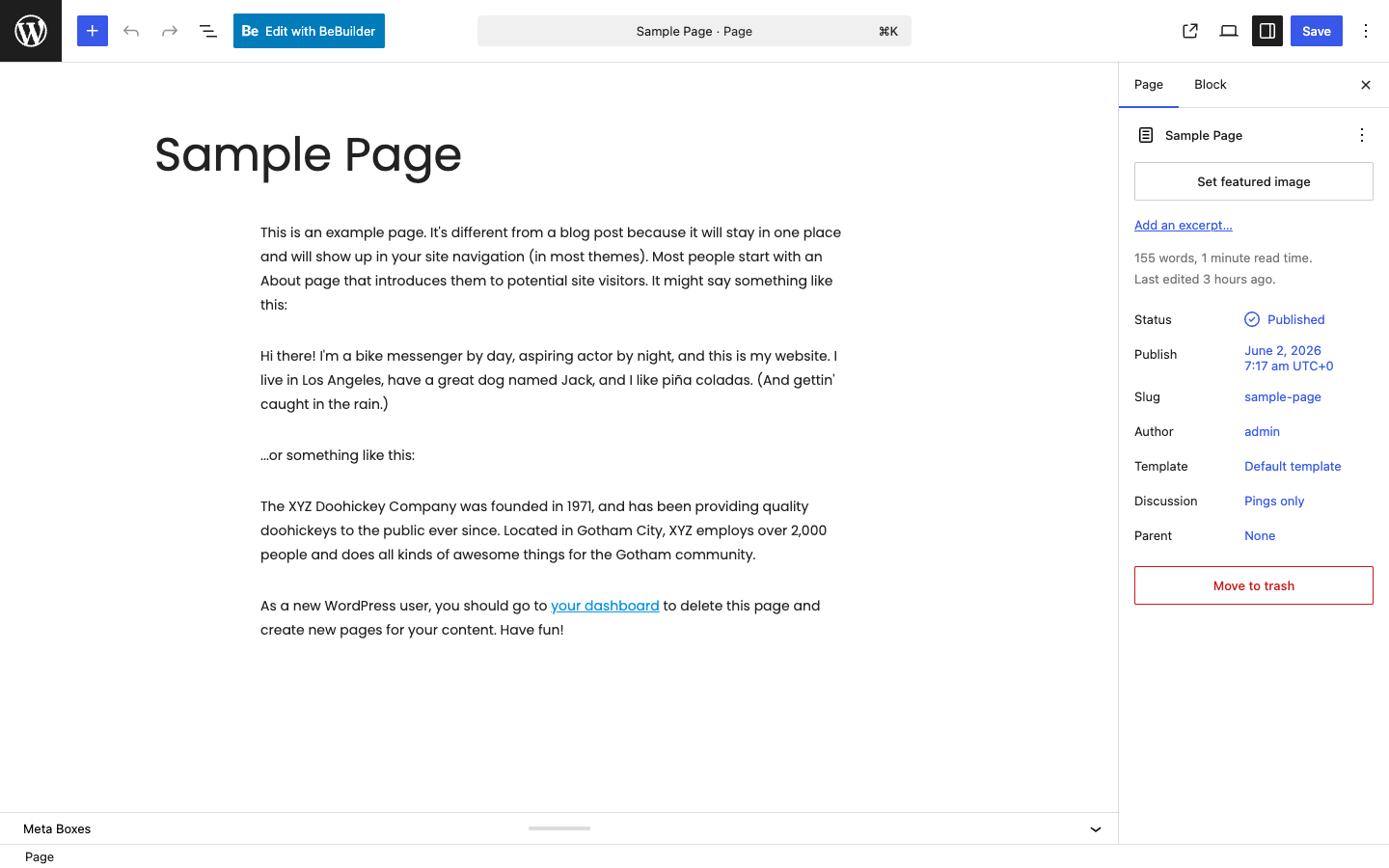 BeTheme adds an Edit with BeBuilder button to the standard WordPress editor The WordPress page editor with BeTheme's Edit with BeBuilder launch button and the page settings panel