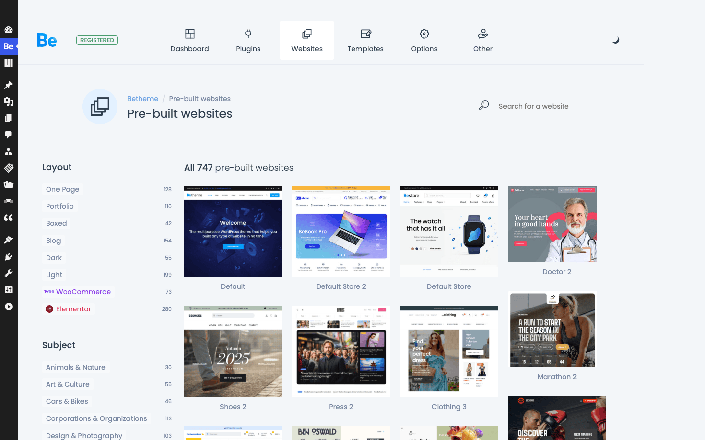 BeTheme ships hundreds of one-click pre-built websites The BeTheme pre-built websites library showing hundreds of importable demo designs with Layout and Subject filters