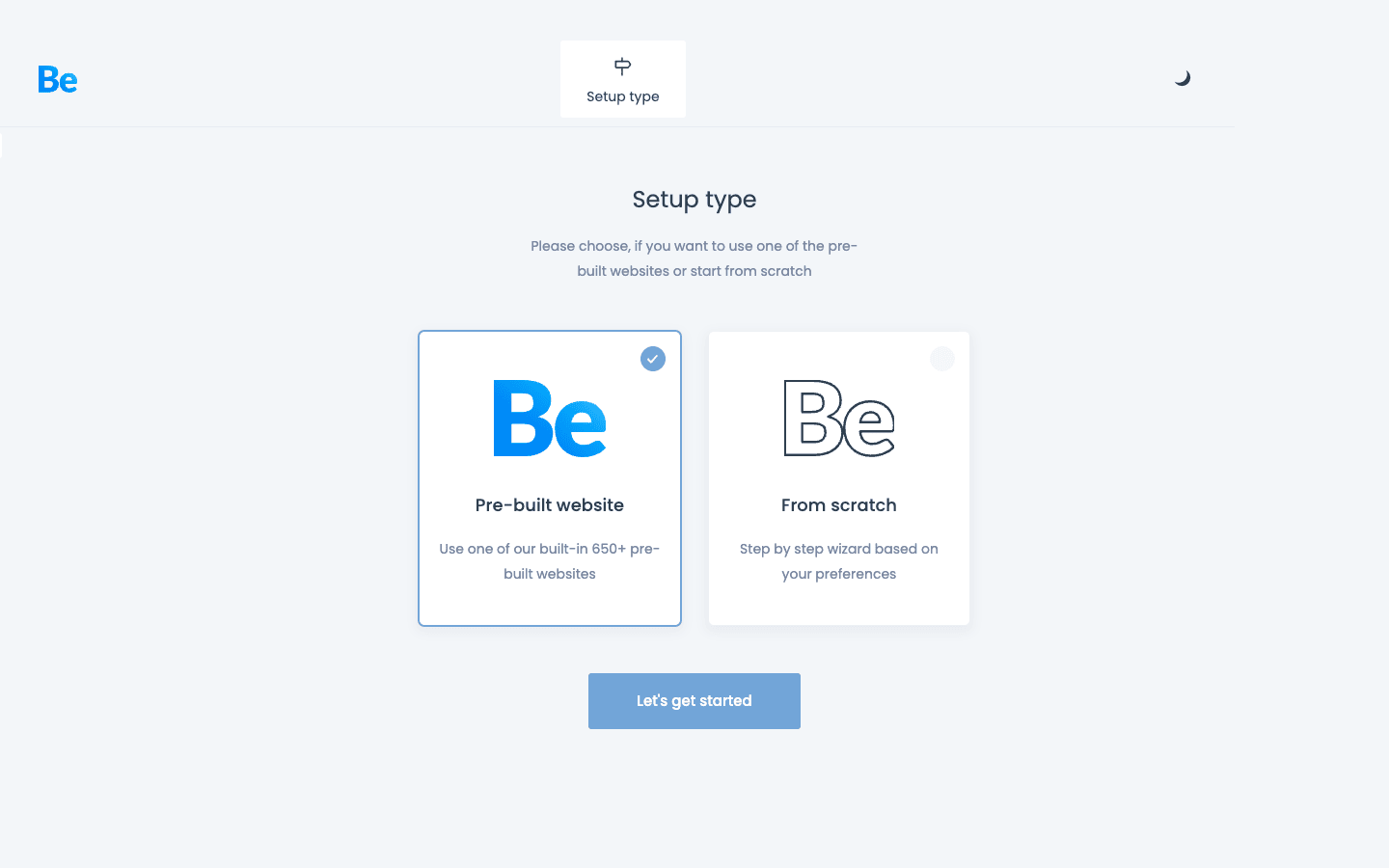 The BeTheme setup wizard offers a pre-built website or a from-scratch start The BeTheme setup wizard asking whether to start from a pre-built website or build from scratch
