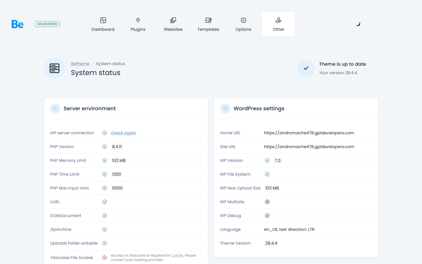 BeTheme's built-in System Status flags server and WordPress configuration issues The BeTheme System Status screen showing server environment and WordPress settings health checks