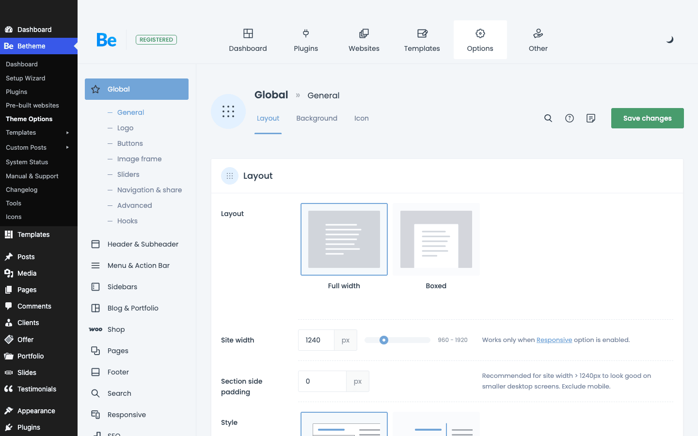 BeTheme Theme Options gives you site-wide control without code The BeTheme Theme Options panel open on the Global section, showing layout, site width, and style controls
