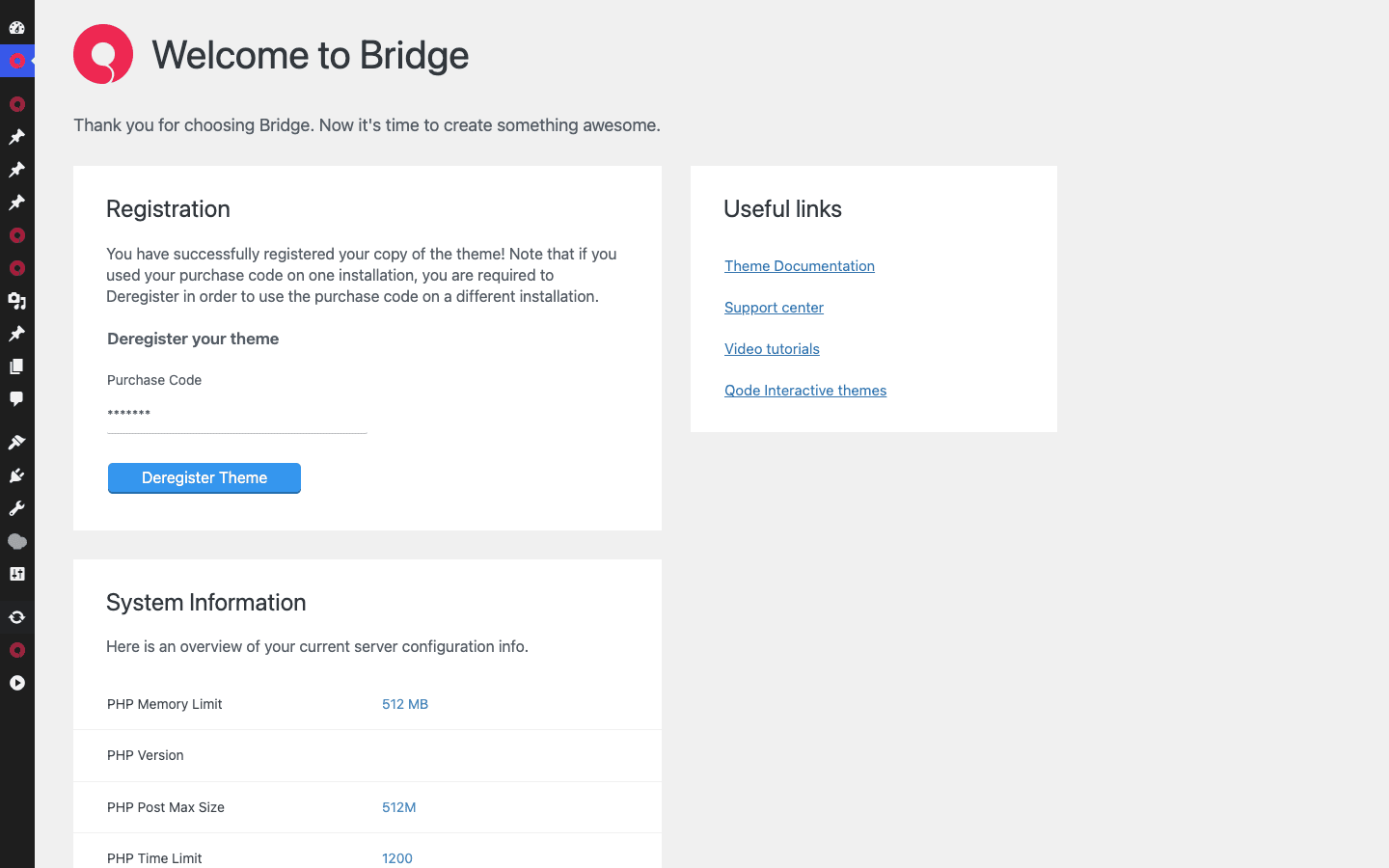 Bridge theme welcome dashboard Bridge theme welcome dashboard with registration, useful links, and system information