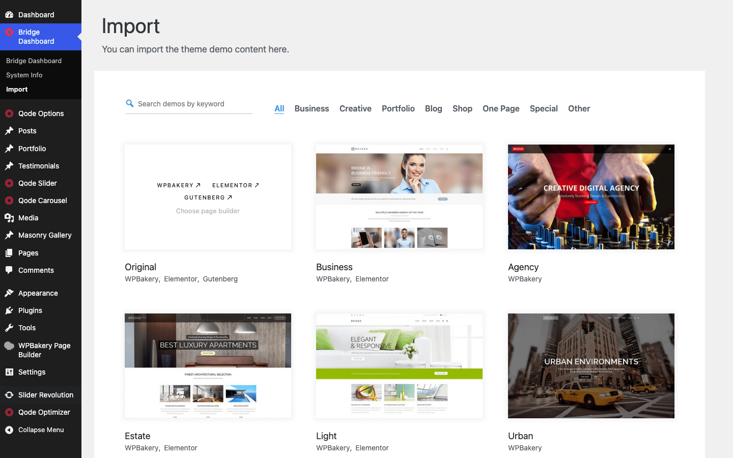 Bridge demo import library Bridge demo import library with hundreds of prebuilt sites in a category-filtered grid
