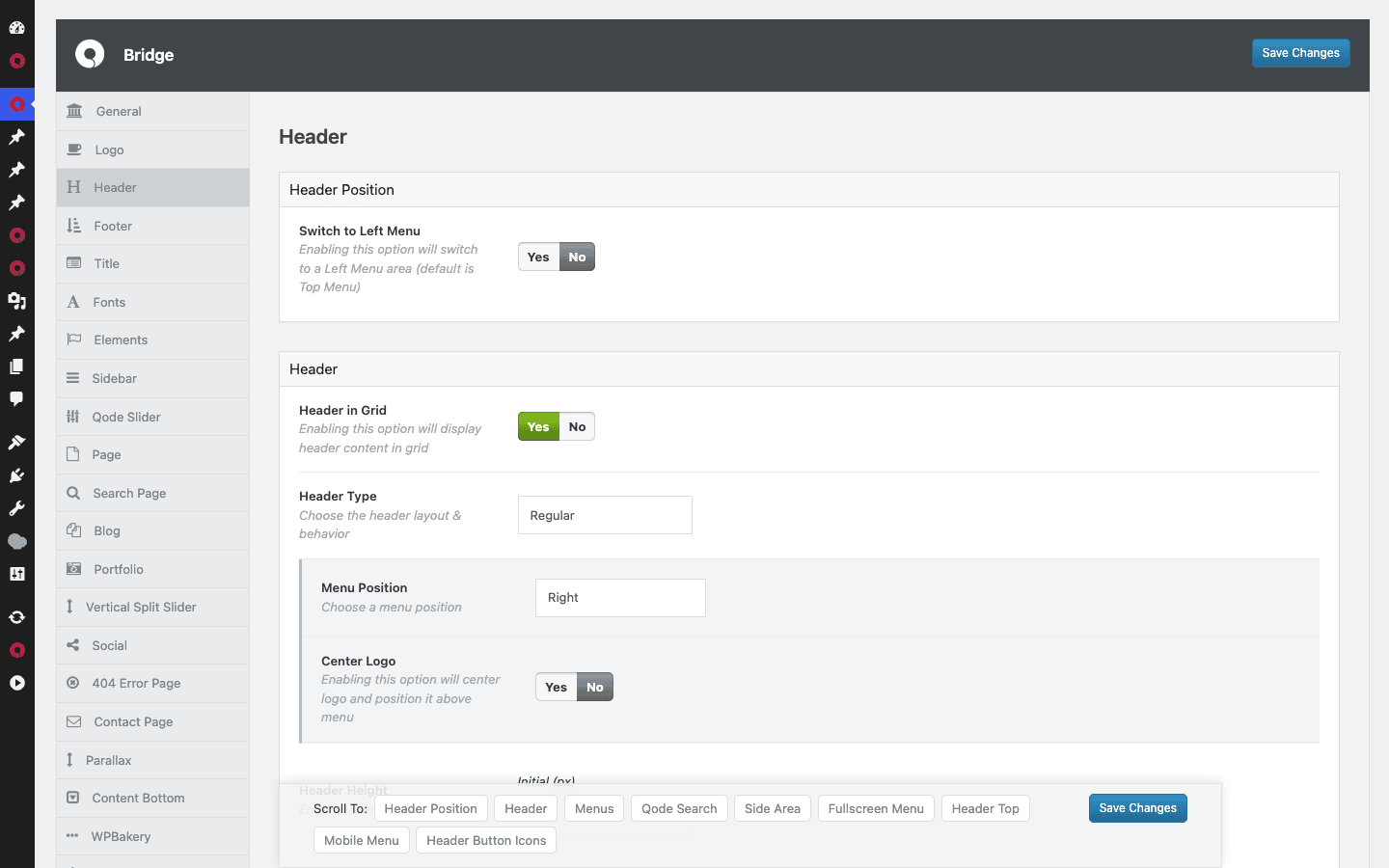 Bridge header options Bridge header options in the Qode Options panel with header type, position, and menu controls