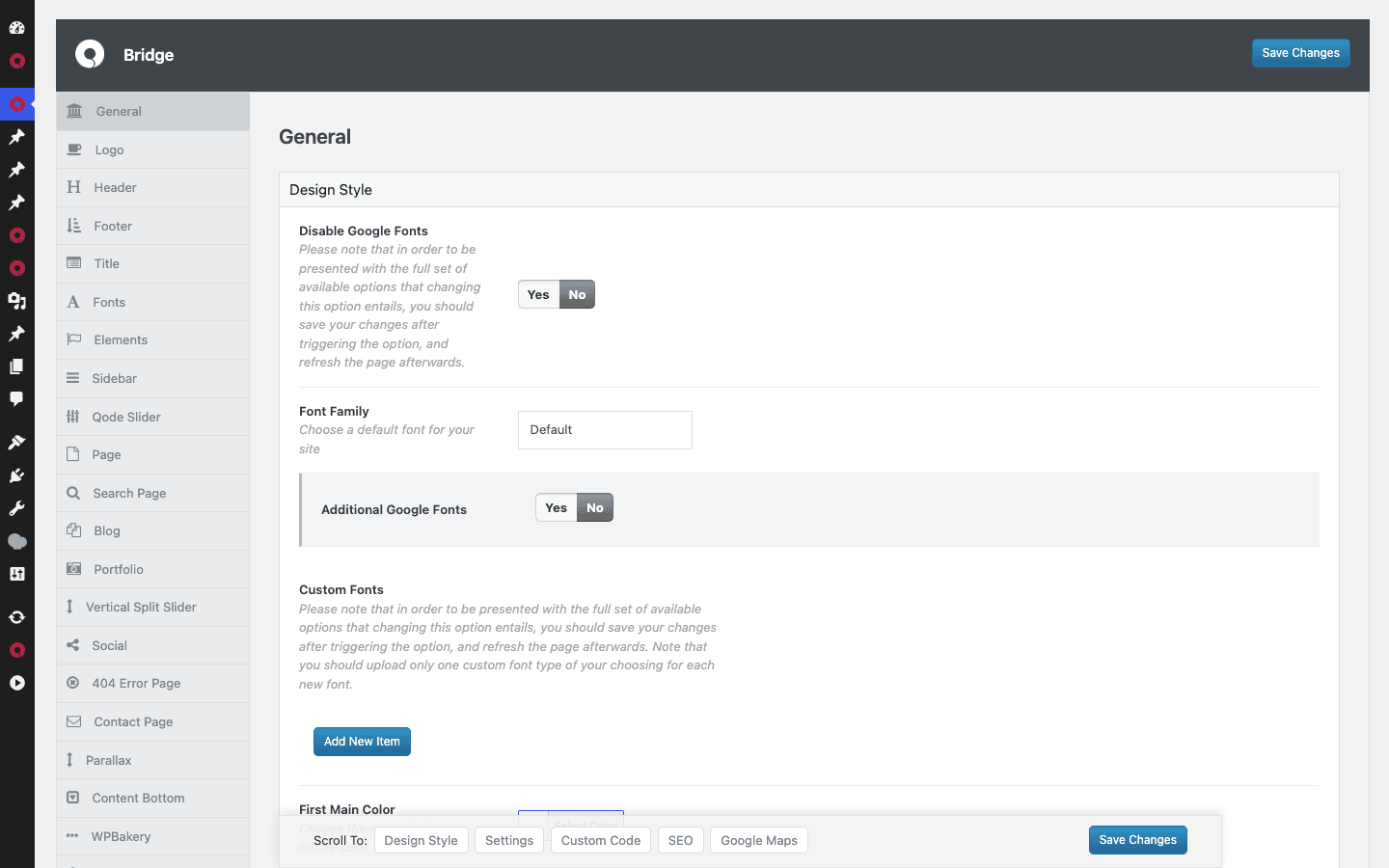 Bridge Qode Options panel Bridge Qode Options theme panel showing the global settings tabs in the admin