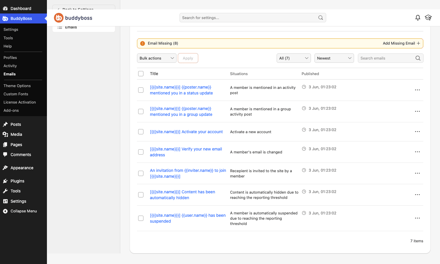 BuddyBoss community email templates The BuddyBoss email templates list, showing community emails like mention notifications, account activation, and invitations with the situation that triggers each