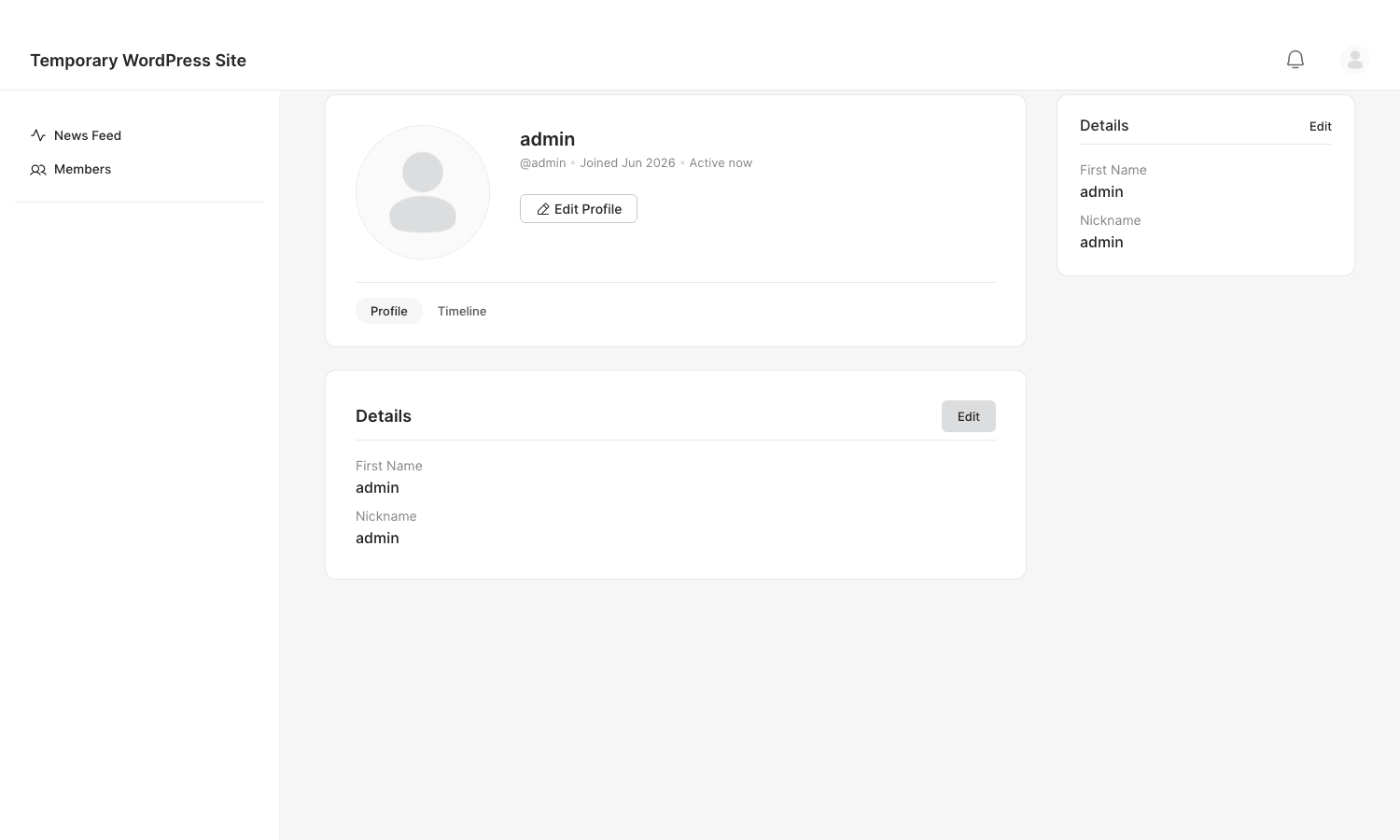 BuddyBoss front-end member profile A BuddyBoss member profile on the front end, with the BuddyPanel navigation, profile header, and details