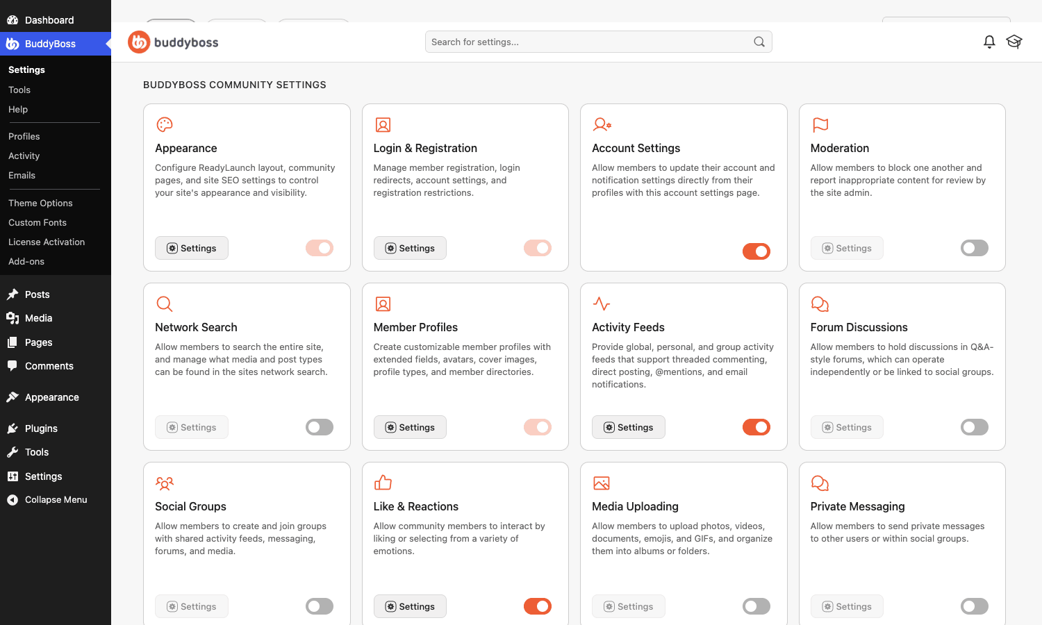 BuddyBoss Community Settings The BuddyBoss Community Settings screen, a grid of feature cards like Member Profiles, Activity Feeds, Social Groups, and Forum Discussions with toggles