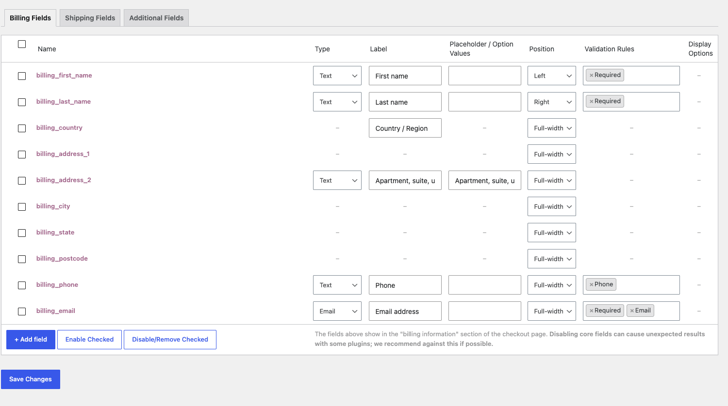 The Billing Fields editor with types, positions, and validation The WooCommerce Checkout Field Editor showing the Billing Fields table with field names, types, labels, positions, and validation rules