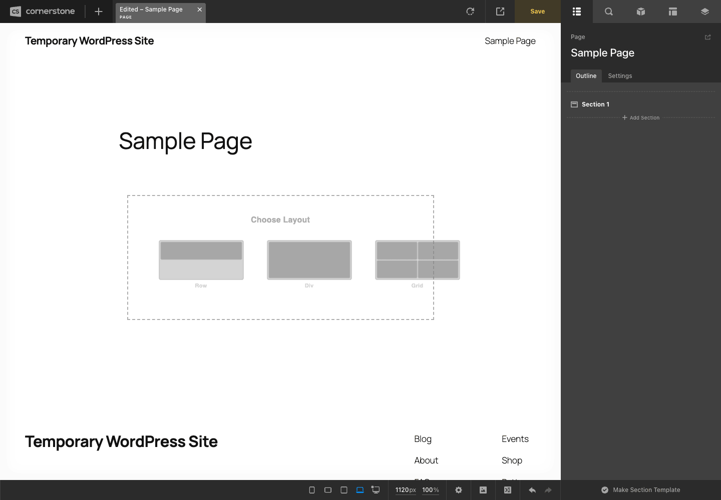 The Cornerstone live builder The Cornerstone live front-end builder editing a page, with the structure panel on the right and a Section layout picker showing Row, Div, and Grid options