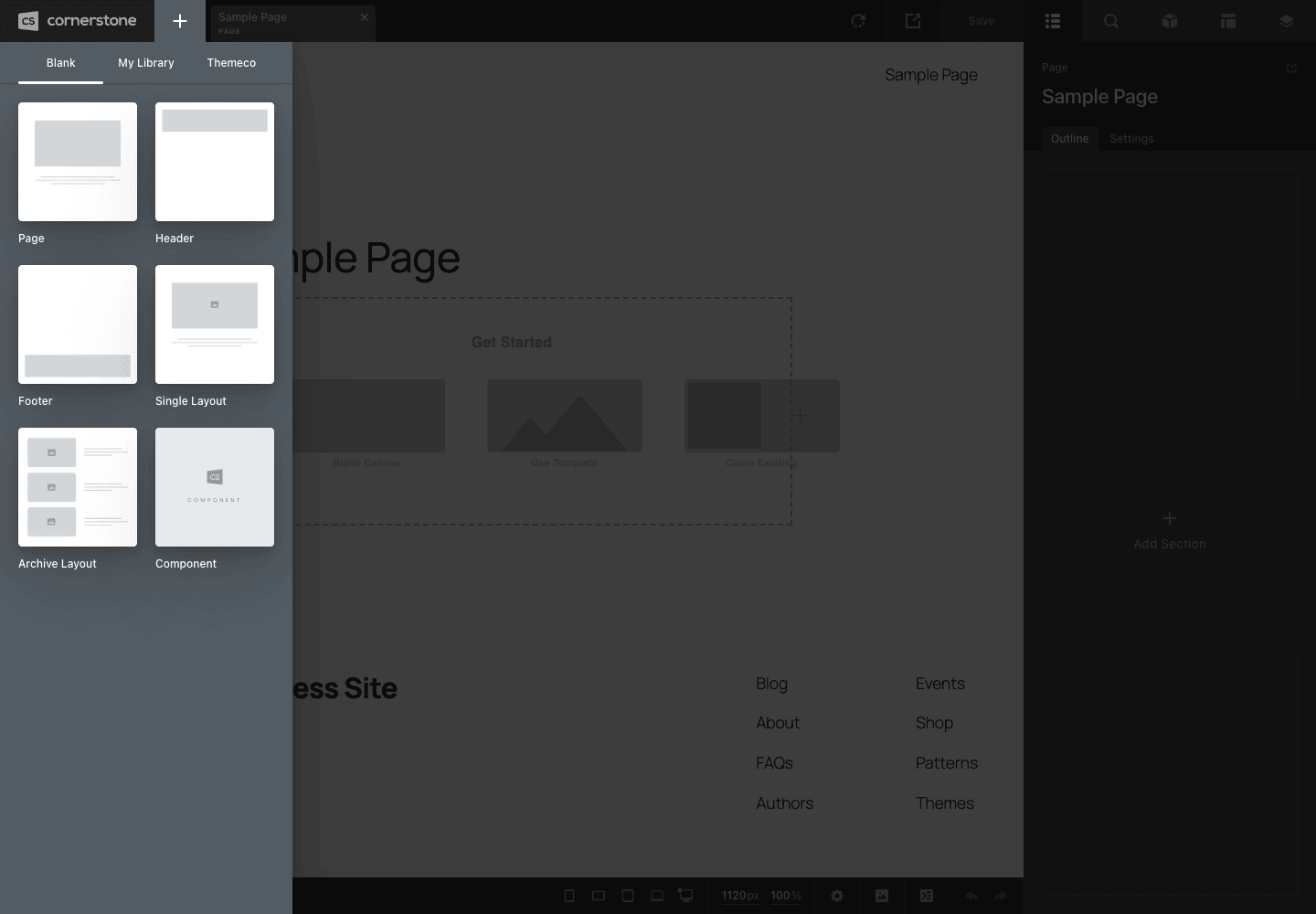 Cornerstone Create panel showing the site-builder scope The Cornerstone Create panel offering Page, Header, Footer, Single Layout, Archive Layout, and Component options, with a template library tab