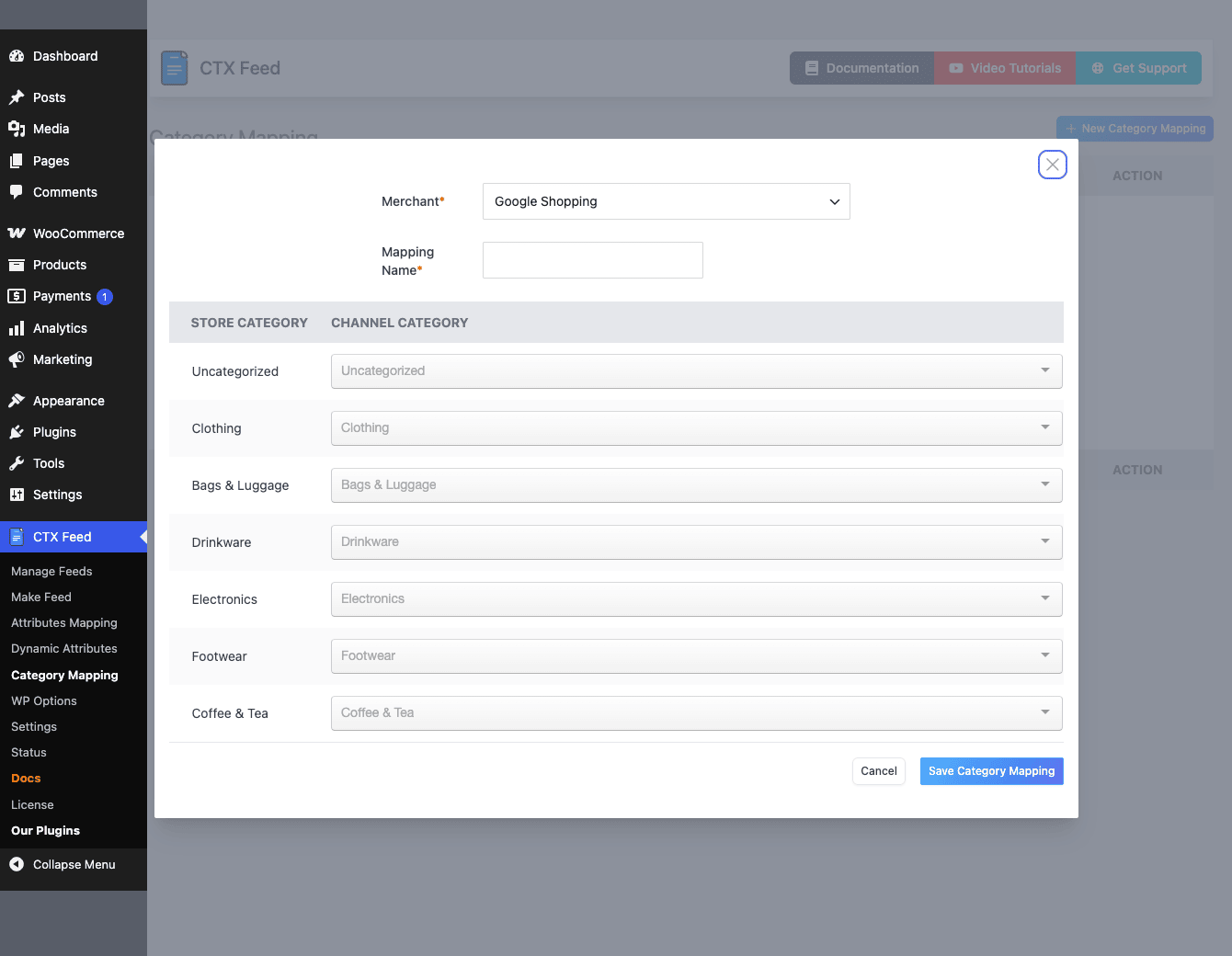 CTX Feed store to channel category mapping CTX Feed category mapping table linking store categories to channel categories