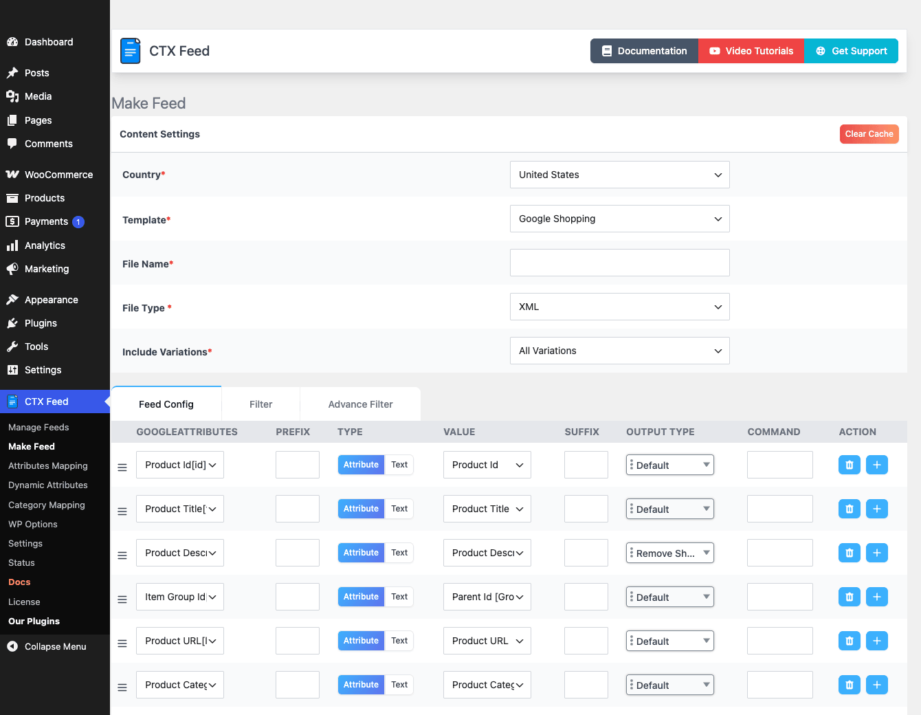 CTX Feed Make Feed attribute mapping CTX Feed Make Feed builder with the channel attribute mapping table