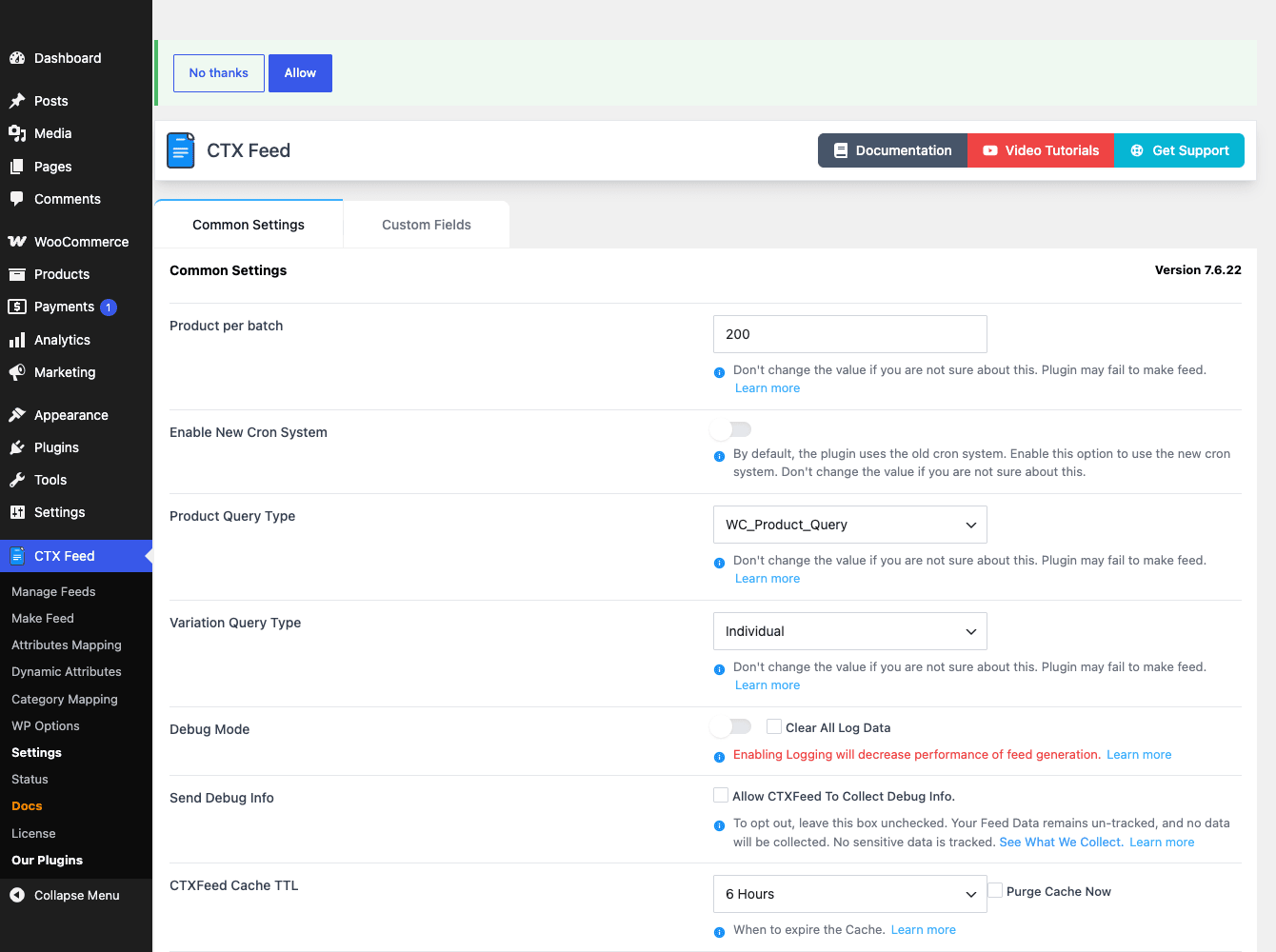 CTX Feed settings and scheduling CTX Feed Settings page with batch size, cron, and cache options