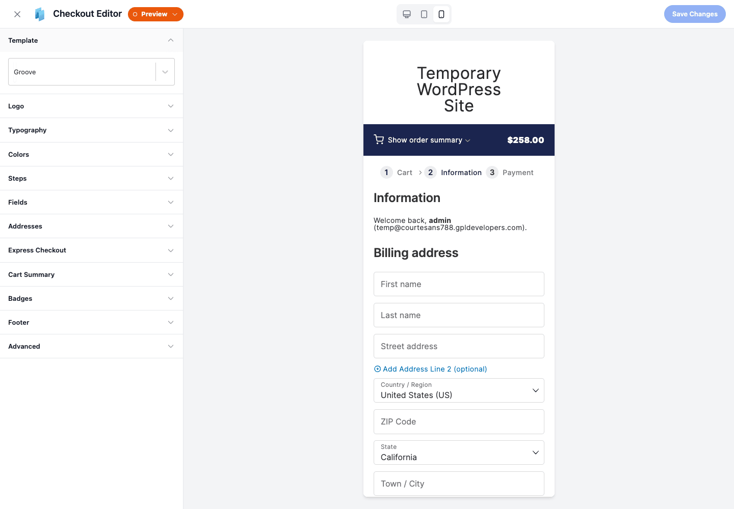 The CheckoutWC mobile checkout preview The CheckoutWC mobile checkout preview with a single-column layout and visible order summary