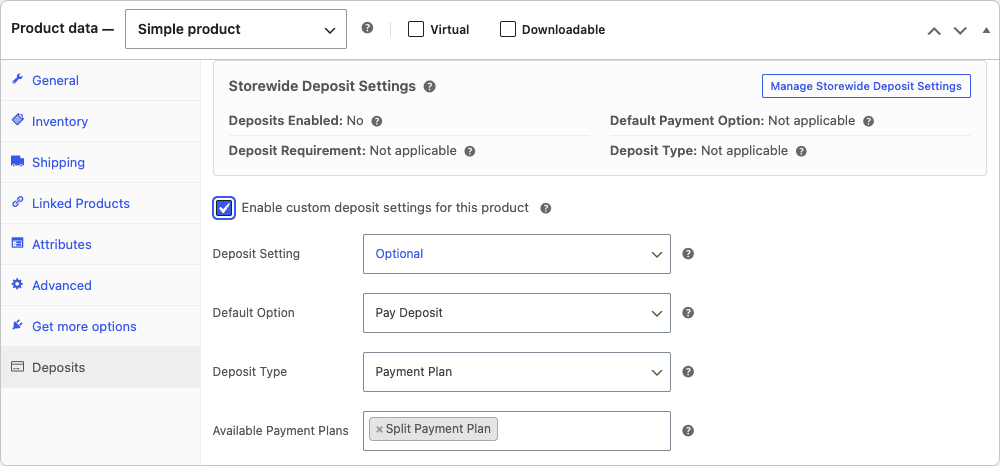 Per-product deposit settings in the product editor The Deposits tab in the WooCommerce product editor, with Enable custom deposit settings checked and Deposit Type set to Payment Plan