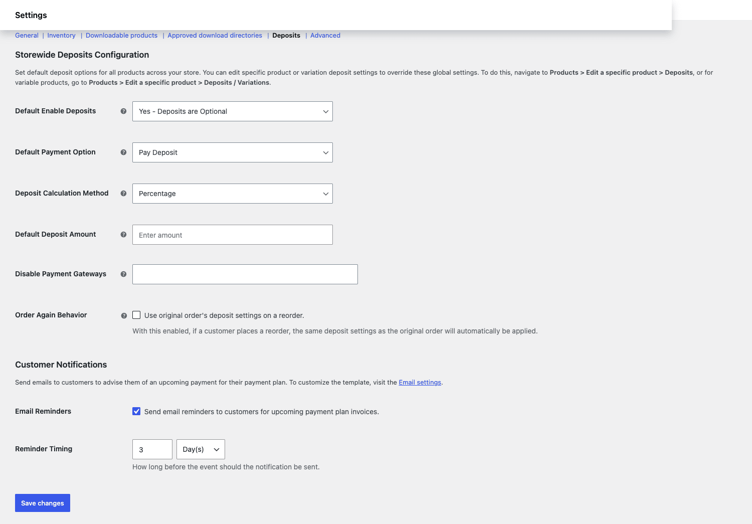 Storewide deposit settings in WooCommerce The Storewide Deposits Configuration screen in WooCommerce settings, with Default Enable Deposits, Default Payment Option, Deposit Calculation Method, and Email Reminders