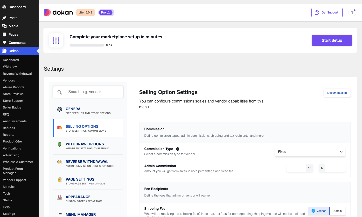 Commission type and fee-recipient settings The Dokan commission settings showing commission type, admin commission percentage and fixed fields, and fee recipients