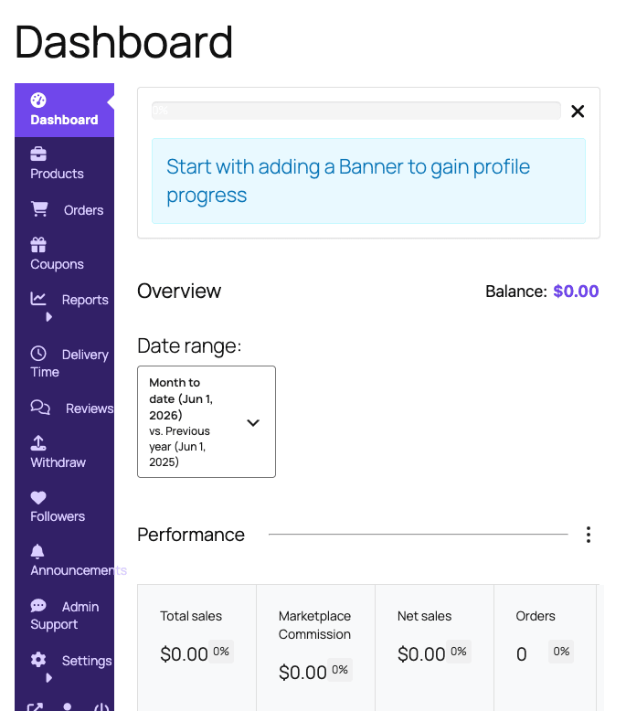 The front-end dashboard a vendor logs into The Dokan vendor front-end dashboard with the seller navigation and sales overview