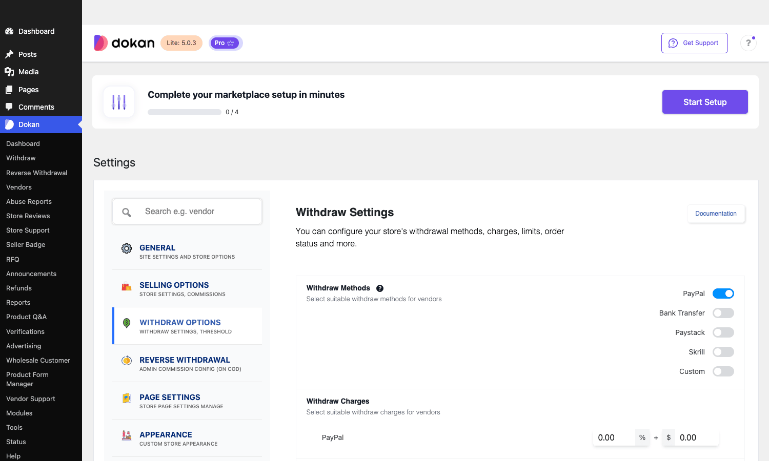 Enabling payout methods and withdrawal charges The Dokan withdraw settings showing PayPal, Bank Transfer, Paystack, Skrill, and Custom payout methods with charge fields