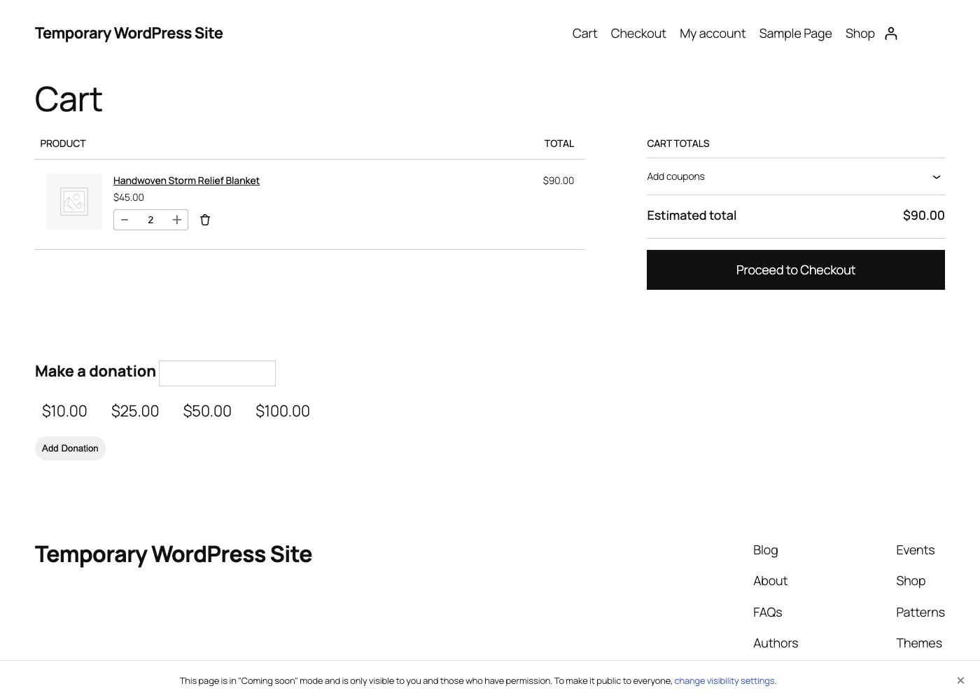 YITH Donations cart form The front-end YITH Donations form in the WooCommerce cart with preset amounts and an Add Donation button