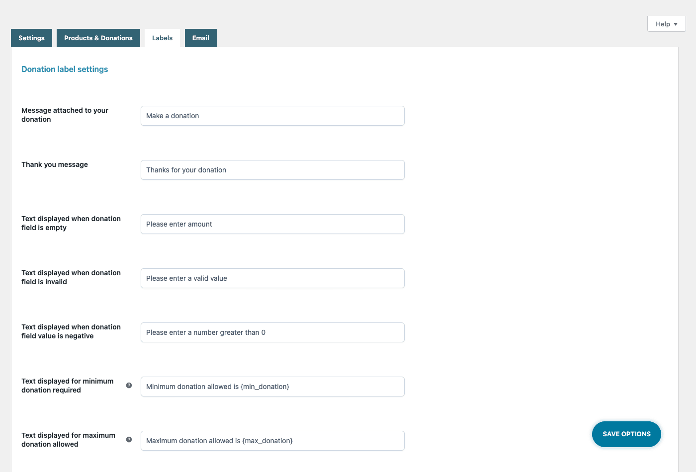 YITH Donations label settings YITH Donations label settings with the make a donation message and validation strings