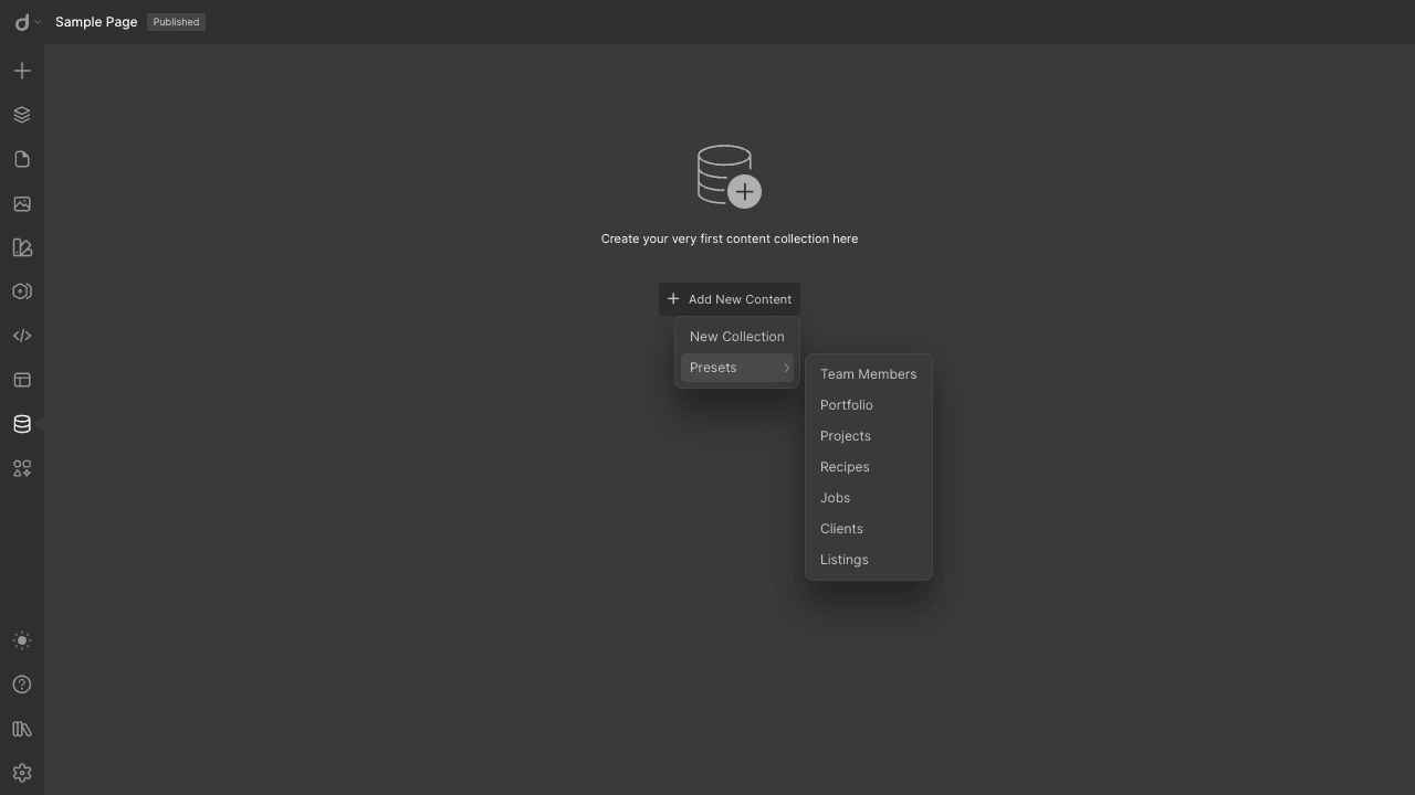 Content Manager collection presets: Team Members, Portfolio, Projects, Recipes, Jobs, Clients, Listings Droip Content Manager with the New Collection menu and presets like Team Members, Portfolio, Projects, Recipes, Jobs, Clients, and Listings