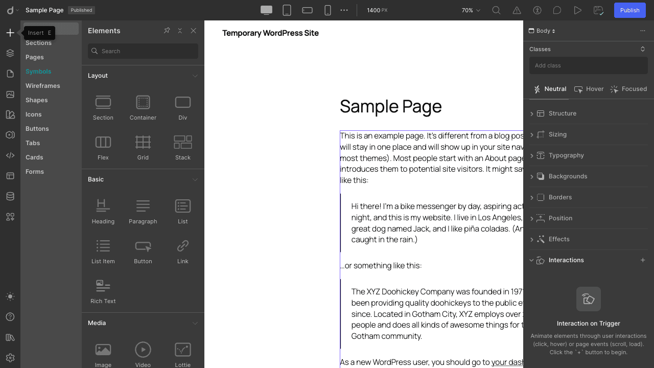 The element library: Layout, Basic, Media, Forms, and Advanced element groups Droip Insert panel showing the element library: Layout, Basic, Media, and Forms element groups