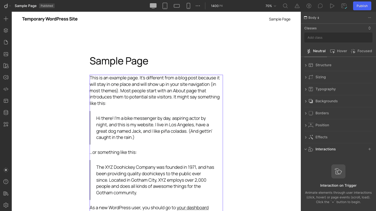 Interactions panel with trigger types for scroll, hover, click, and page-load animations Droip Interactions panel showing trigger options: Mouse move on viewport, While page is scrolling, Page Load, Scroll into view, Page Scrolled