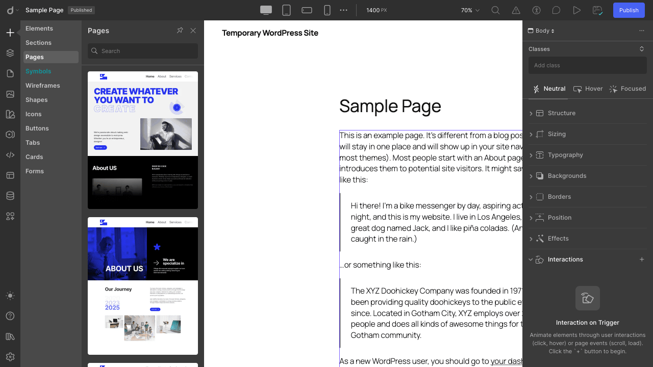 The Pages tab with ready-made full-page templates you can insert and restyle Droip templates library showing pre-designed page layouts in the Pages panel
