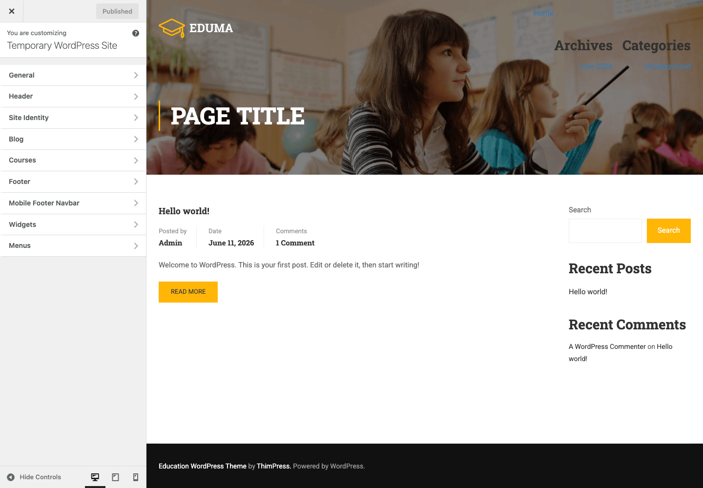 Eduma theme Customizer options Eduma theme options in the WordPress Customizer