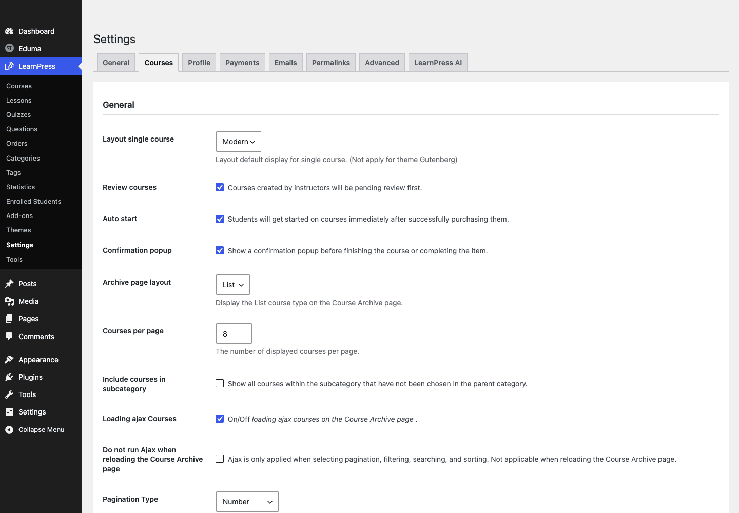 LearnPress settings in Eduma LearnPress settings, the LMS engine behind the Eduma theme