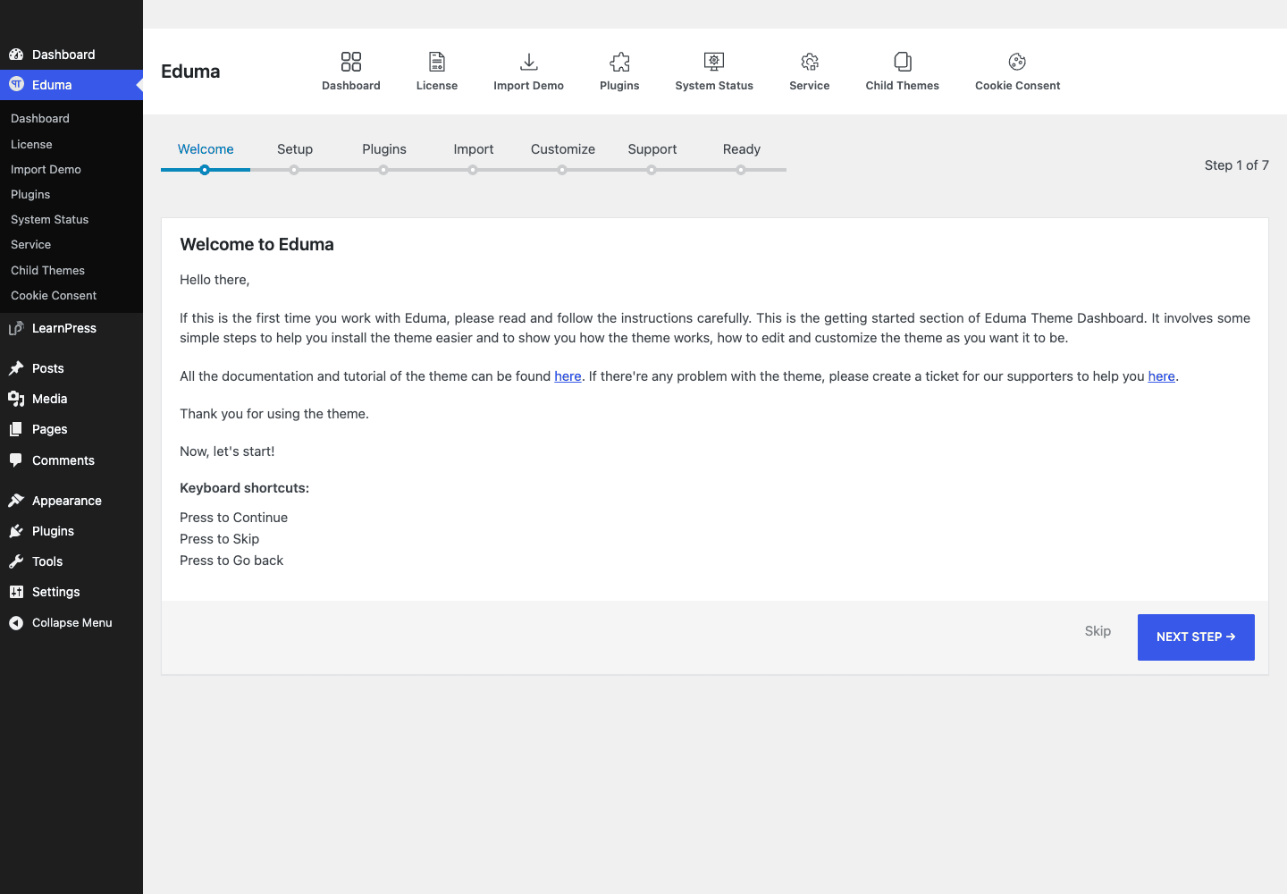 The Eduma theme dashboard Eduma theme dashboard and setup wizard