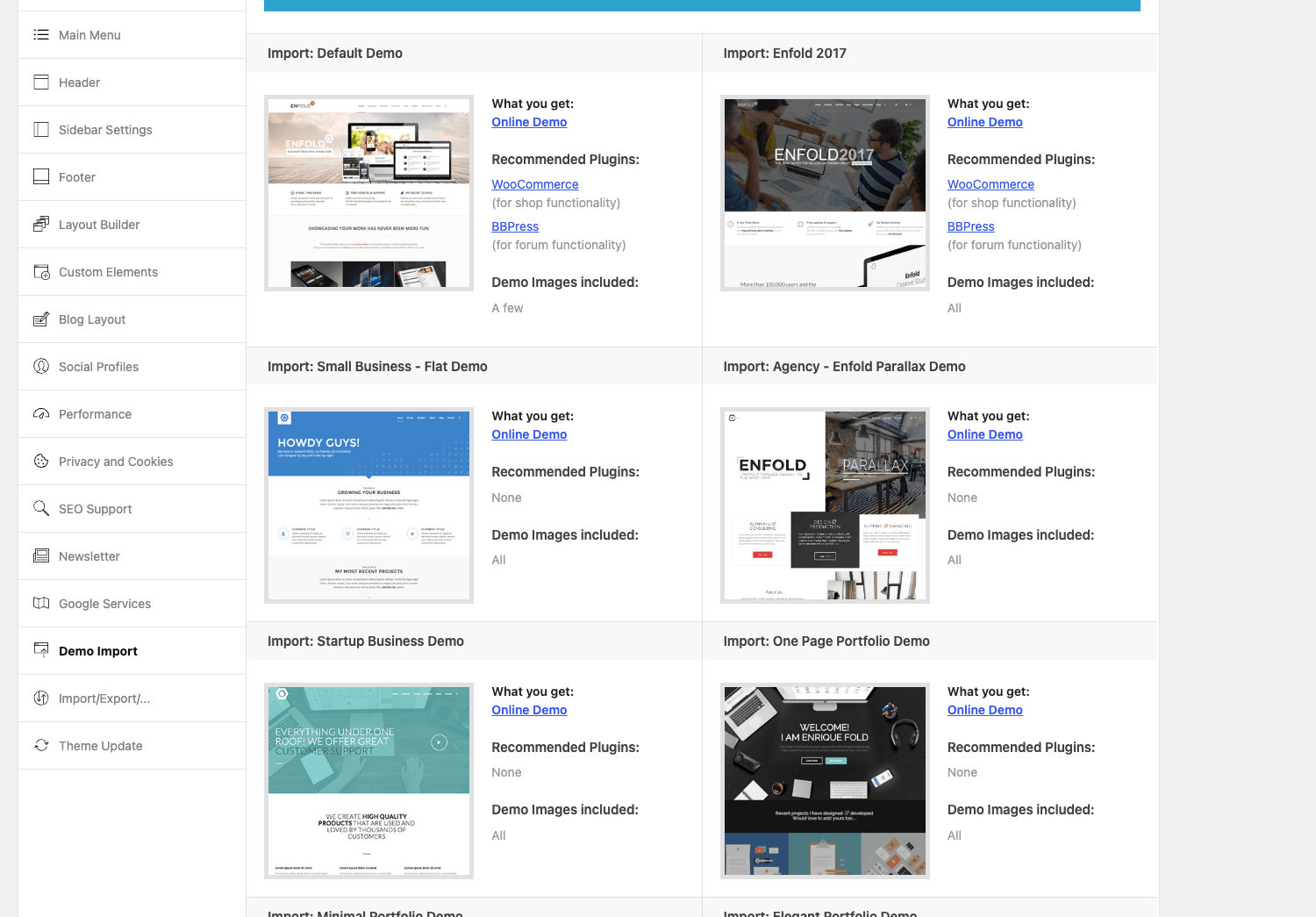 The Enfold one-click demo import library The Enfold demo import library showing one-click demo sites including Default, Enfold 2017, Small Business, Agency, Startup Business, and portfolio designs, each with a preview and recommended-plugins list