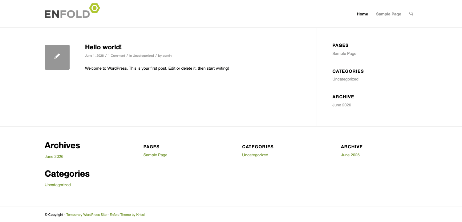 Enfold applied on the front-end, clean and lightweight by default The default Enfold front-end showing a clean header with logo and menu, a blog layout, sidebar, and a widgetized footer
