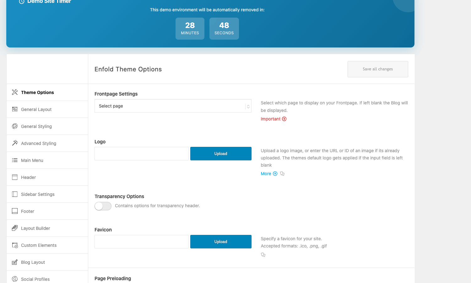 The Enfold Theme Options panel The Enfold Theme Options panel with a left navigation of General Layout, General Styling, Header, Footer, Layout Builder, and Custom Elements, and the main settings for frontpage, logo, and favicon