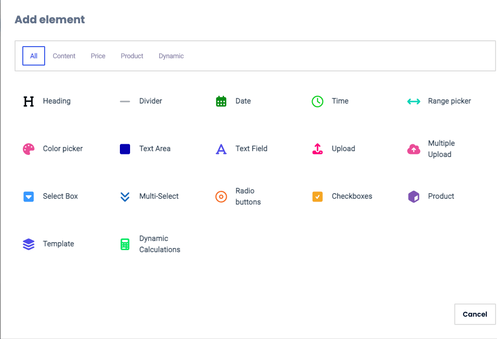 The full field-type palette in the Extra Product Options builder The Add element palette in WooCommerce Extra Product Options showing all field types including heading, date, time, range picker, color picker, text area, text field, upload, multiple upload, select box, multi-select, radio buttons, checkboxes, and product