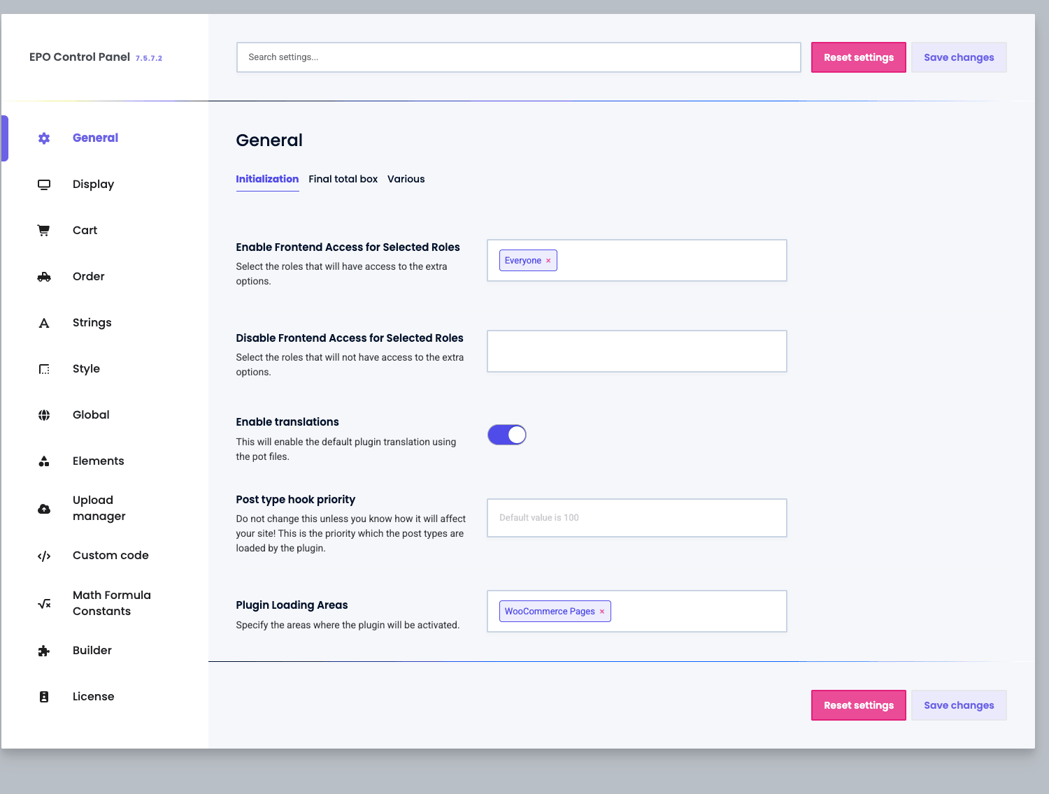 The Extra Product Options control panel, General tab The EPO Control Panel General settings showing frontend access roles, translations, and plugin loading areas