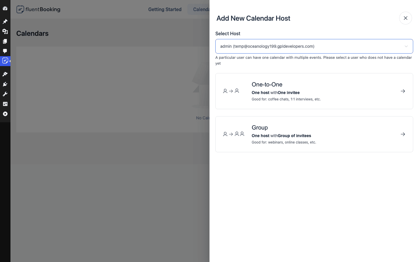 FluentBooking create calendar host with One-to-One and Group event types