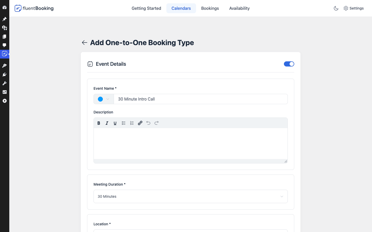 FluentBooking event type editor with name, duration and location fields