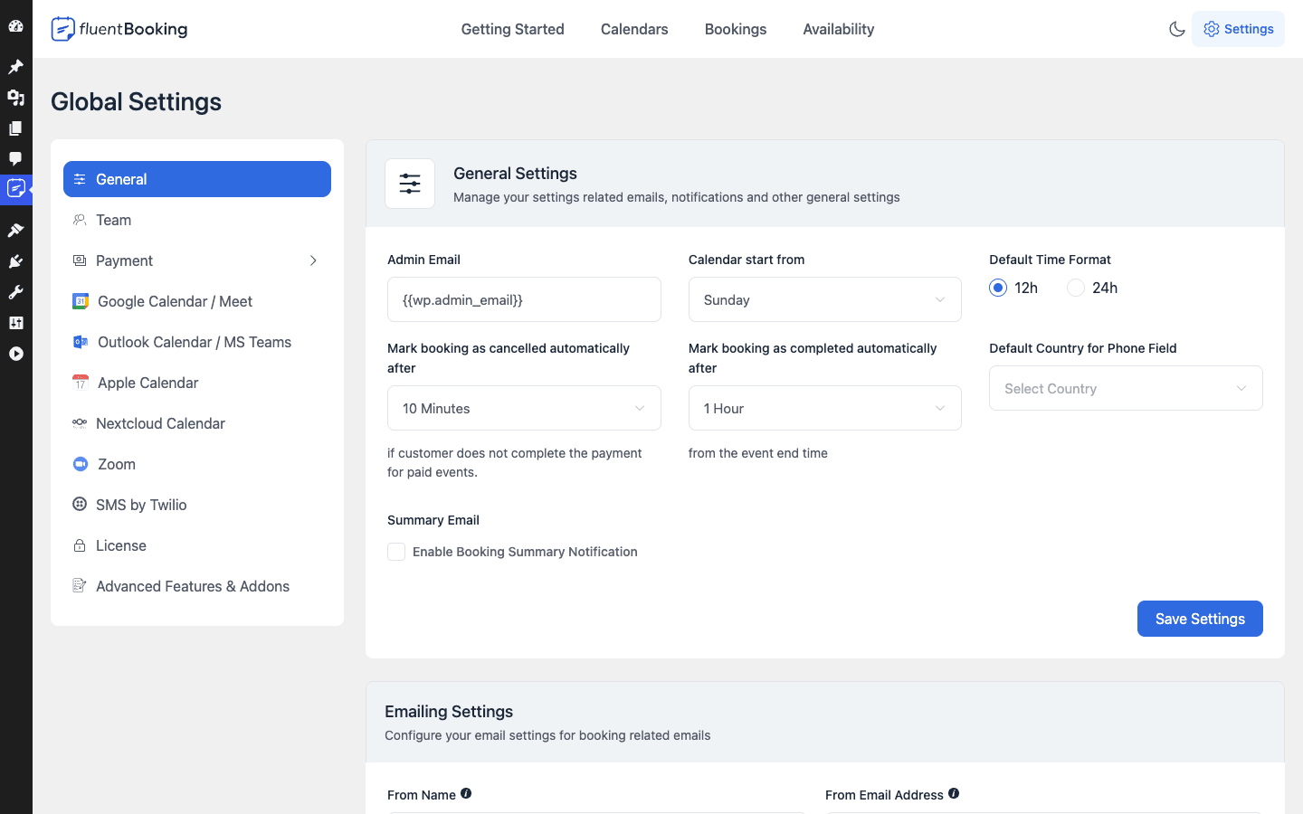 FluentBooking global settings and calendar integrations