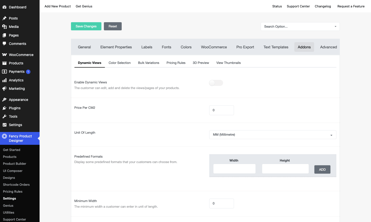 Addons: Dynamic Views with per-square-centimetre pricing Fancy Product Designer Addons settings showing the Dynamic Views area-pricing configuration