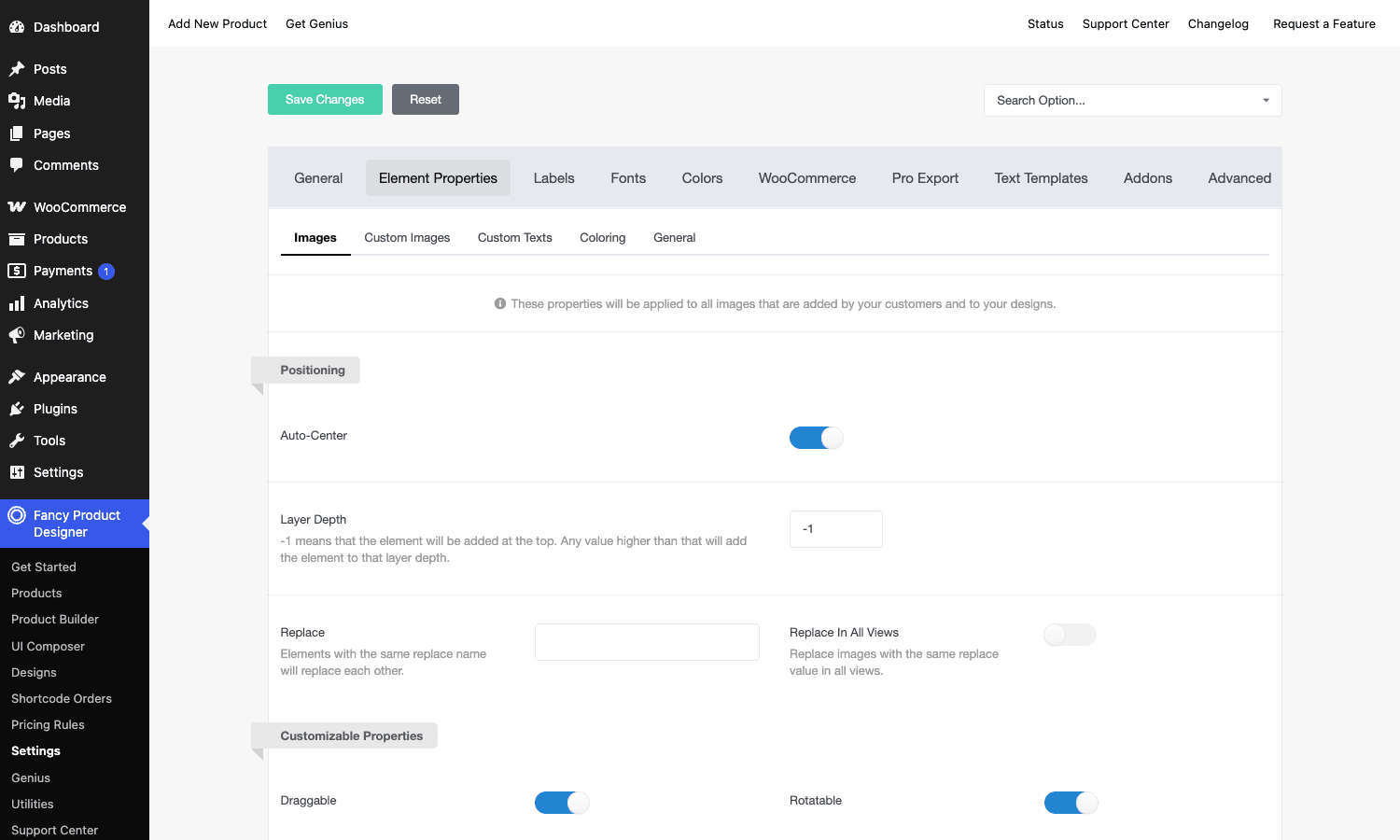 Element Properties: positioning, customizable properties, and bounding box defaults Fancy Product Designer Element Properties settings with positioning and customizable-property toggles