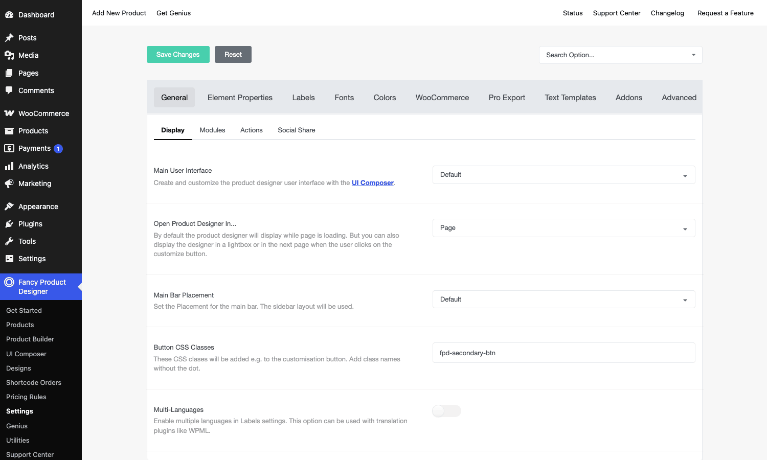 General settings: how and where the designer opens Fancy Product Designer General settings showing display options and the link to the UI Composer